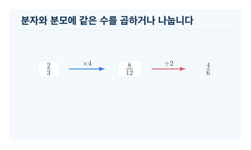 크기가 같은 분수 만들기 개념을 설명하는 수학 도식